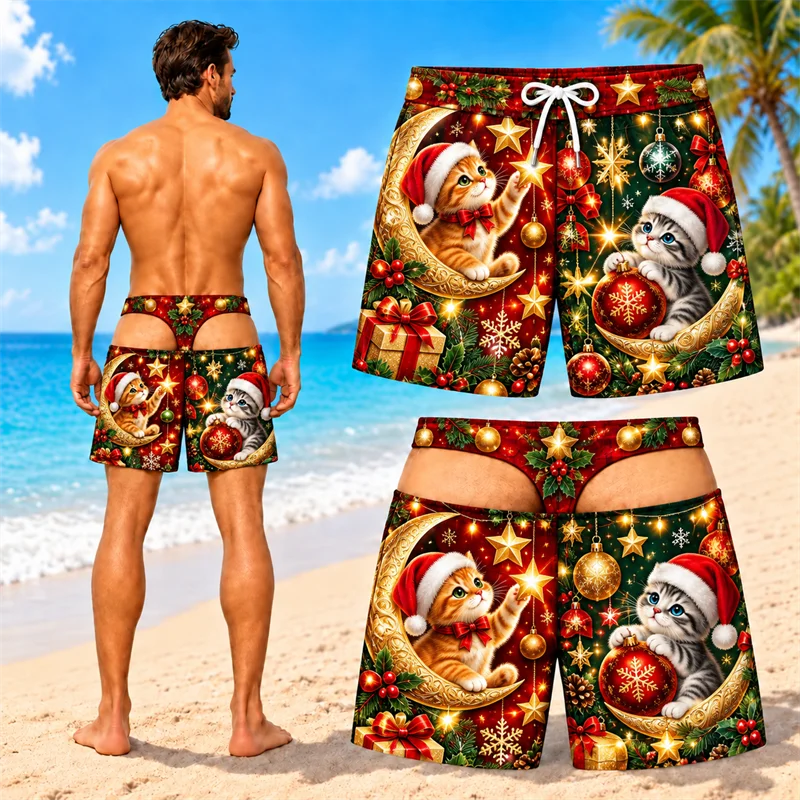 Holiday Resort Swim Trunks for Men Gingerbread Village Graphic Christmas Shorts Quick Dry Beachwear for Pool Travel and Xmas Fun