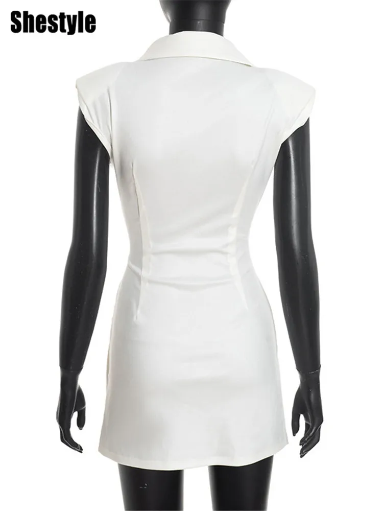 Shestyle عميق الخامس الرقبة منصات الكتف فستان أنيق المرأة الصلبة غمد مكتب سيدة سليم أكمام تانك سترة وتتسابق تاريخ الطرف #6