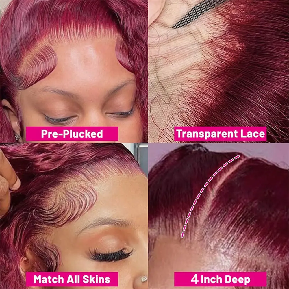 HD transparente encaje 200 densidad 13x4 peluca Frontal de encaje 99j Borgoña prearrancado color onda profunda peluca Frontal peluca de cabello humano