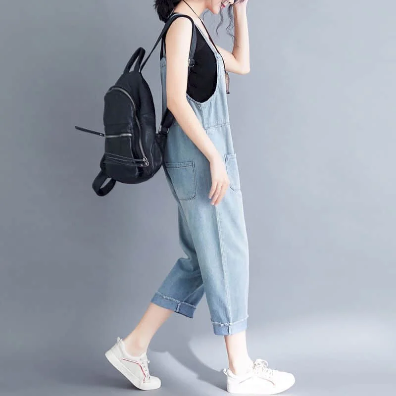 Denim Jumpsuits for Women Harajuku Sleeveless Straight Pants One Piece Outfits Women Capri Pants Loose Casual Vintage Playsuits
