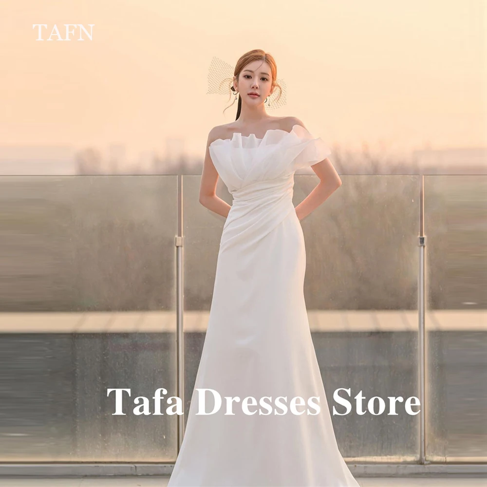 

TAFN White Mermaid Strapless Wedding Dresses Korea Photo shoot Pleats Floor Length Bride Gowns Corset Back Custom