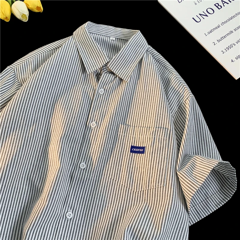 

Ice Silk Short Sleeve Shirt Men's Summer Thin High-End Blue Stripe Casual Top Fashionable Hong Kong Style Japanese Loose Fit