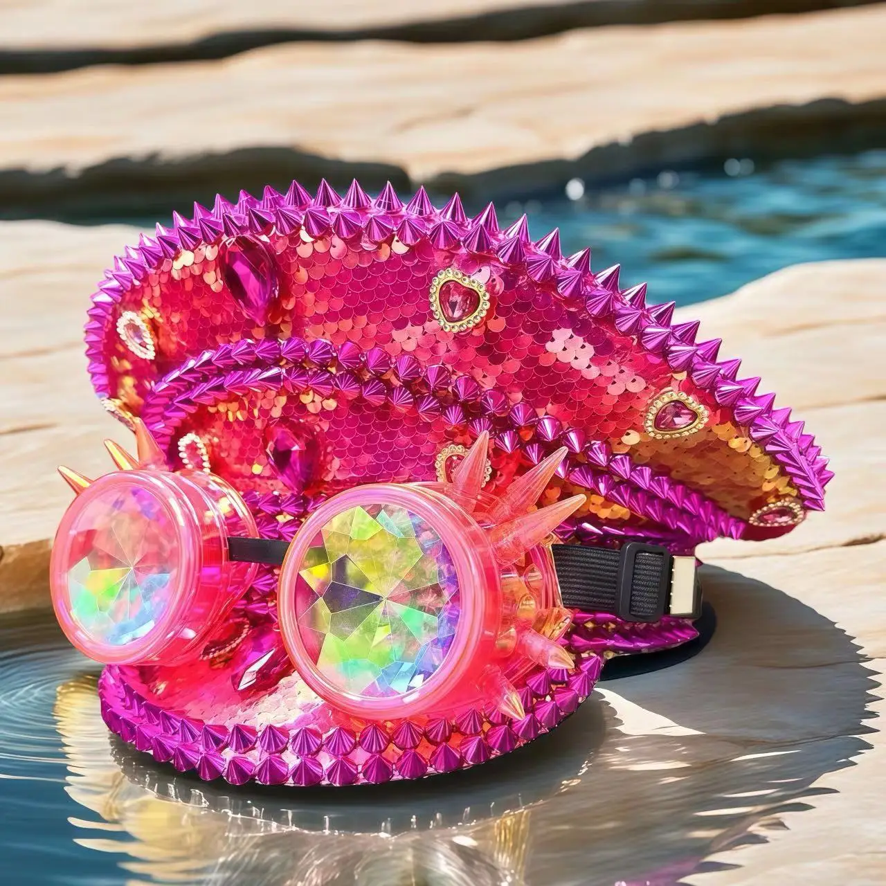 

HongLuan Pink Disco Steampunk Captain Hat Rhinestone with Goggles for Music Festival Woman, Military Accessories & Cap for Man