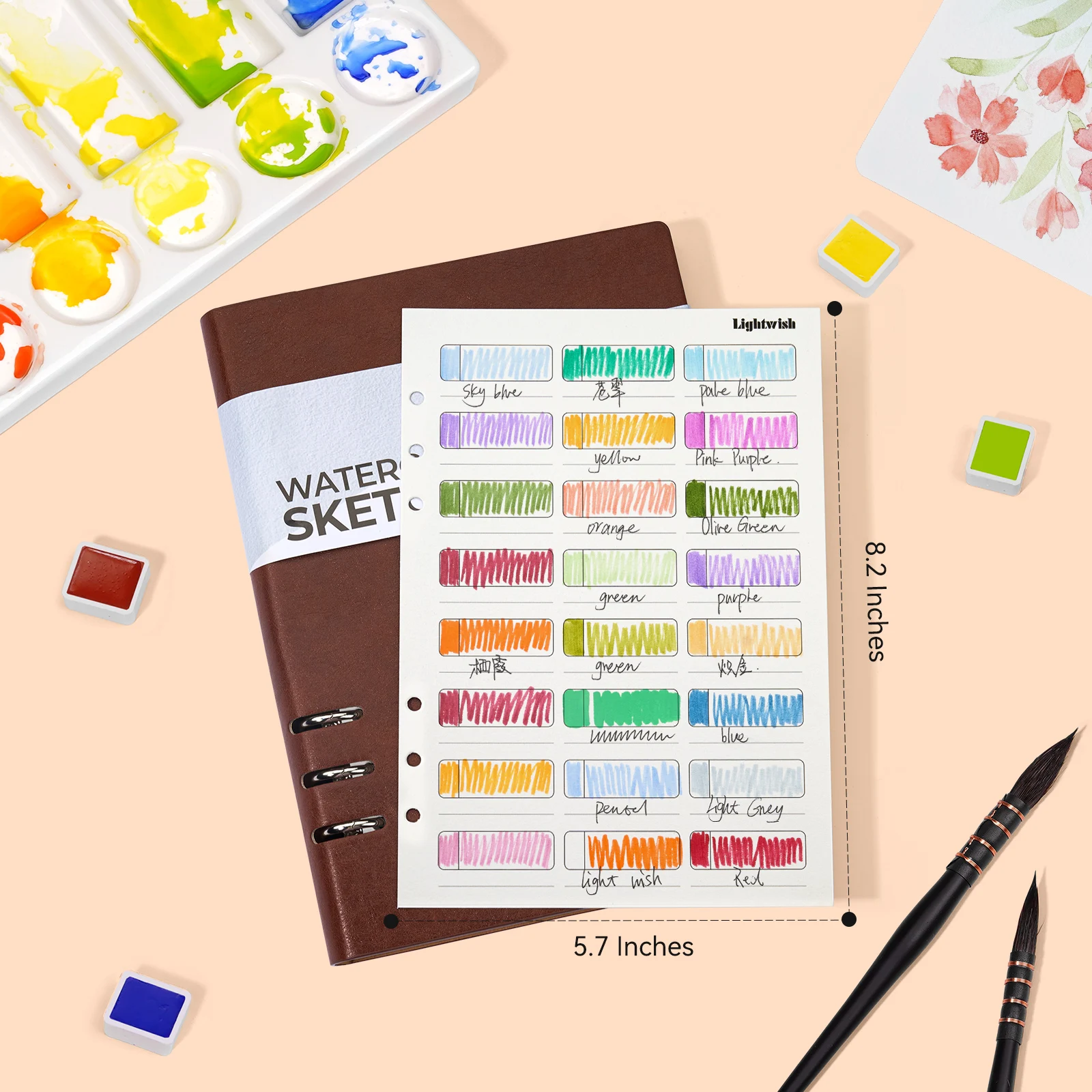 LIGHTWISH Watercolor Swatch Book 20 Detachable Sheets, 5.7 * 8.2 in, 300g Color Testing Journal for Watercolor/Gouache/Pastel image 5