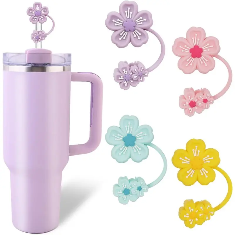 Straw Covers Cap Toppers Compatible with Stanley 40 oz Tumbler Cups,Stanley Cups Straws Accessories(Colourful 4PCS of Flower1)HJ