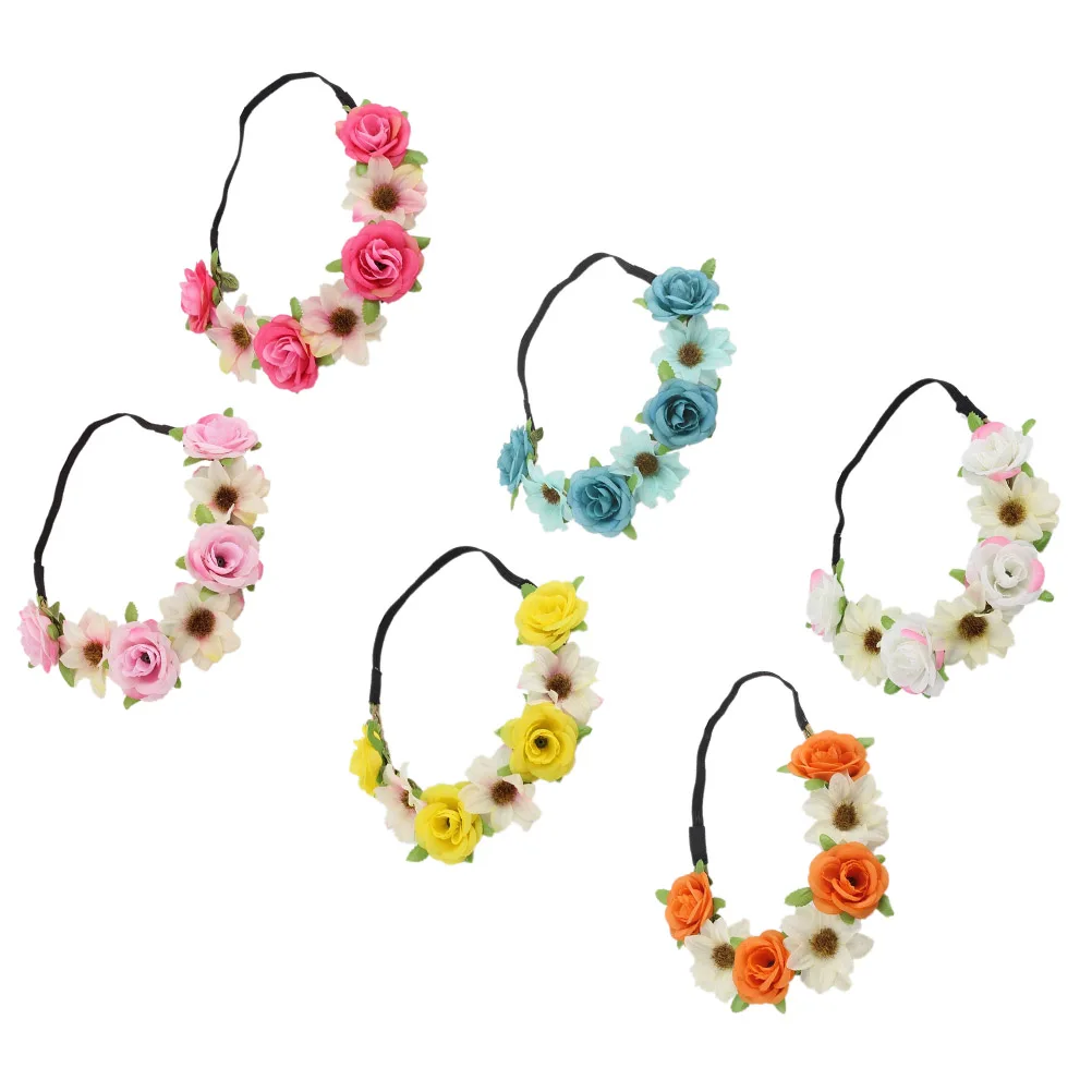 

6Pcs Bohemia Floral Headband Elastic Simulation Rose Garland Wreath Festival Party Holidays Yellow Rosy Pink Orange Dark Green
