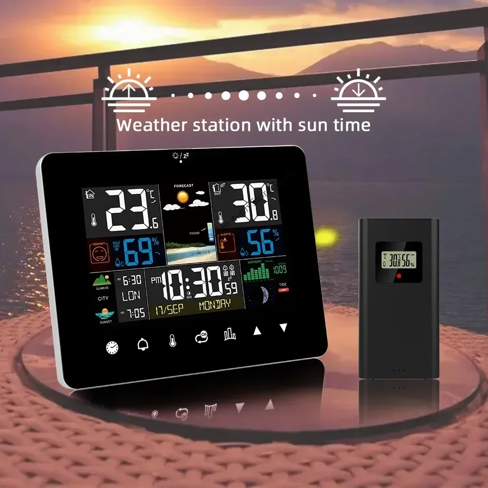 Sonnenaufgang und Sonnen untergang Hygrometer Thermometer Touchscreen Betrieb Wetters tation Wecker mit drahtlosem Außen sensor