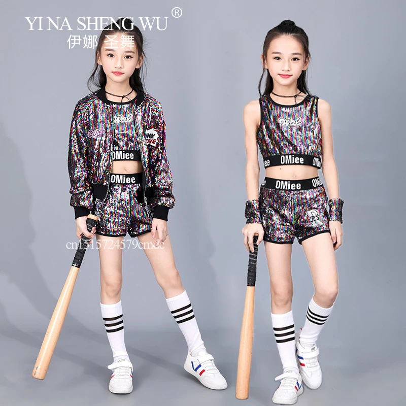 新しいジャズダンス衣装女の子カラフルなスパンコールシャイニングストリートダンスジャケットスーツ子供の日のファッションステージパフォーマンス衣装