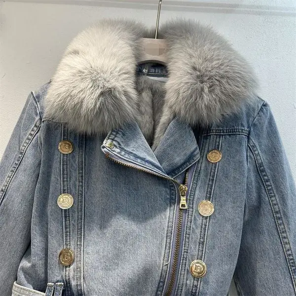 Women Imitation Fox Fur Collar Spliced Denim Coat Thickened Plush Inner Jeans Jacket Short Turn Down Collar Cardigan Belted Tops