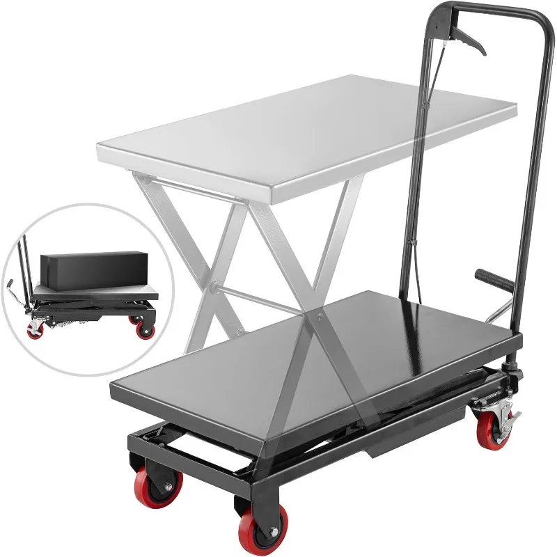 Cart Lift Table Cart 28.5-Inch Lifting Height, Manual Scissor Lift Table w/ 4 Wheels and Foot Pump, Elevating Hydraulic