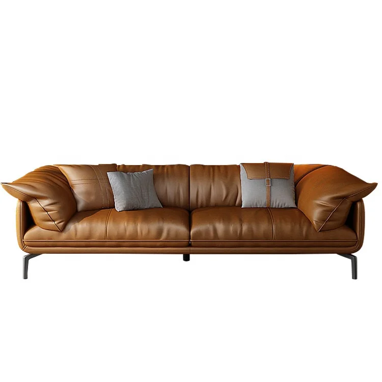 #Soft Italian pure use camel leather sofa living room black orange leather sofa cover