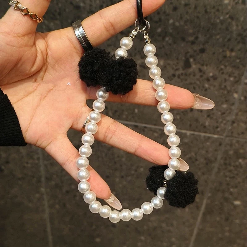 Plush Pearl Bead Phone Chain Pendant Lanyard For IPhone For  Huawei Xiaomi Cellphone Strap Rope Bag Decoration Key Rings