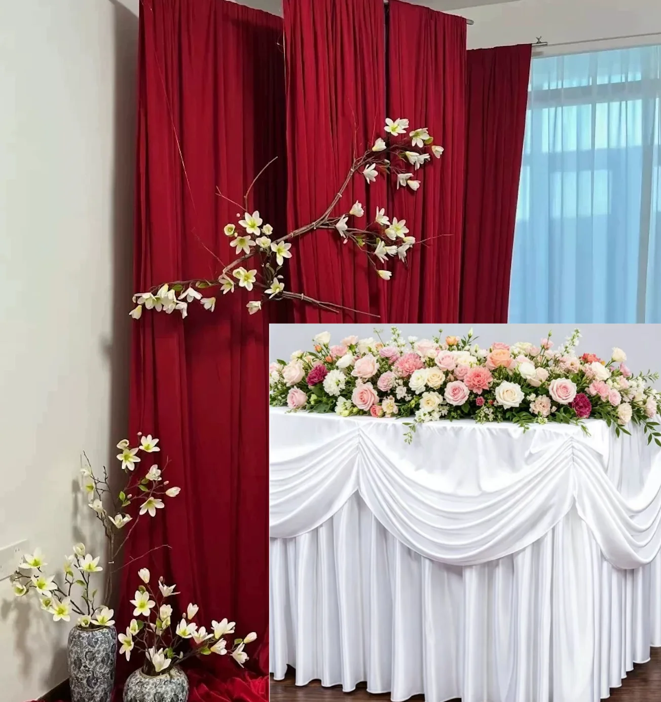 White luxury Table Skirt With Swag for Wedding Use Wedding Table Skirting with drape