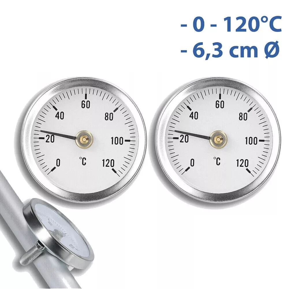 2PCS Stainless Steel Clamp-on Tube Thermometer Tube Heating Spring 63mm 0-120℃ Boiler Industrial Pipeline Temperature Gauge Tool