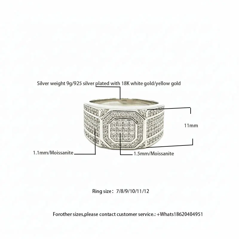 

✨Bling Full-Paved Mens Wide Band Ring | S925 Silver Plated 18K White/Yellow Gold 9g 11mm Ring - 1.1/1.5mm Moissanite 7-12 Sizes