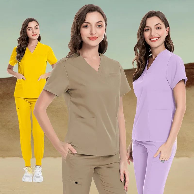 New Women's Short Sleeved V-Neck Protective Work Uniform, Nurse Uniform Set, High-Quality Hand Washing Clothes