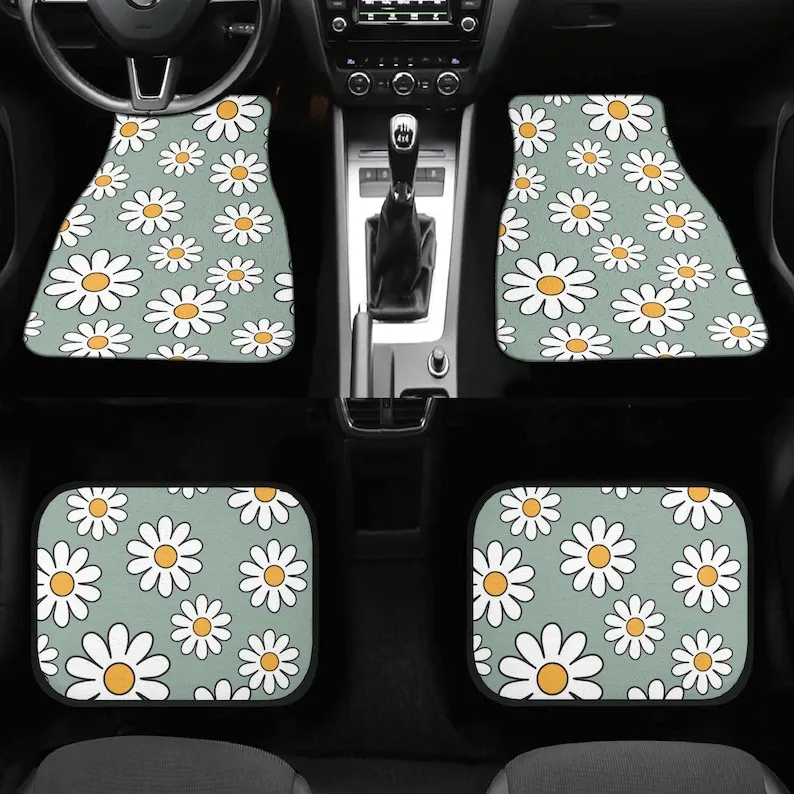 Car Mats, Floral Car Floor Mats, Sage Car Floor Mats for Women, Daisy Flower Car Mats Aesthetic, Aesthetic Car Decor