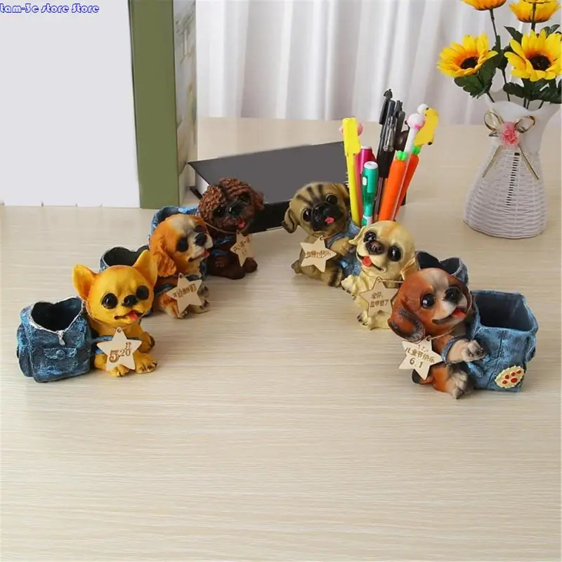 Dog Pen Cup Resin Pencil Cup Desktop Pen Stand Makeup Brush Organizers Storage Box Table Ornament for Office Desk
