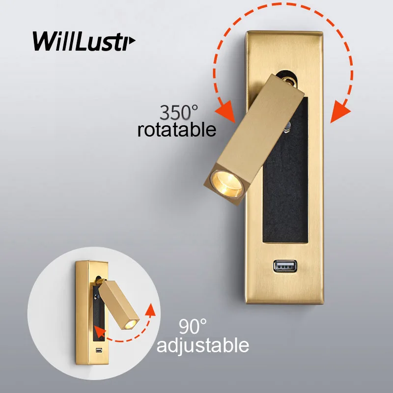 Creative Gold Black Metal Wall Lamp Led Usb Sconce Bedside Embedded Aluminum Cylinder Cuboid Reading Lighting