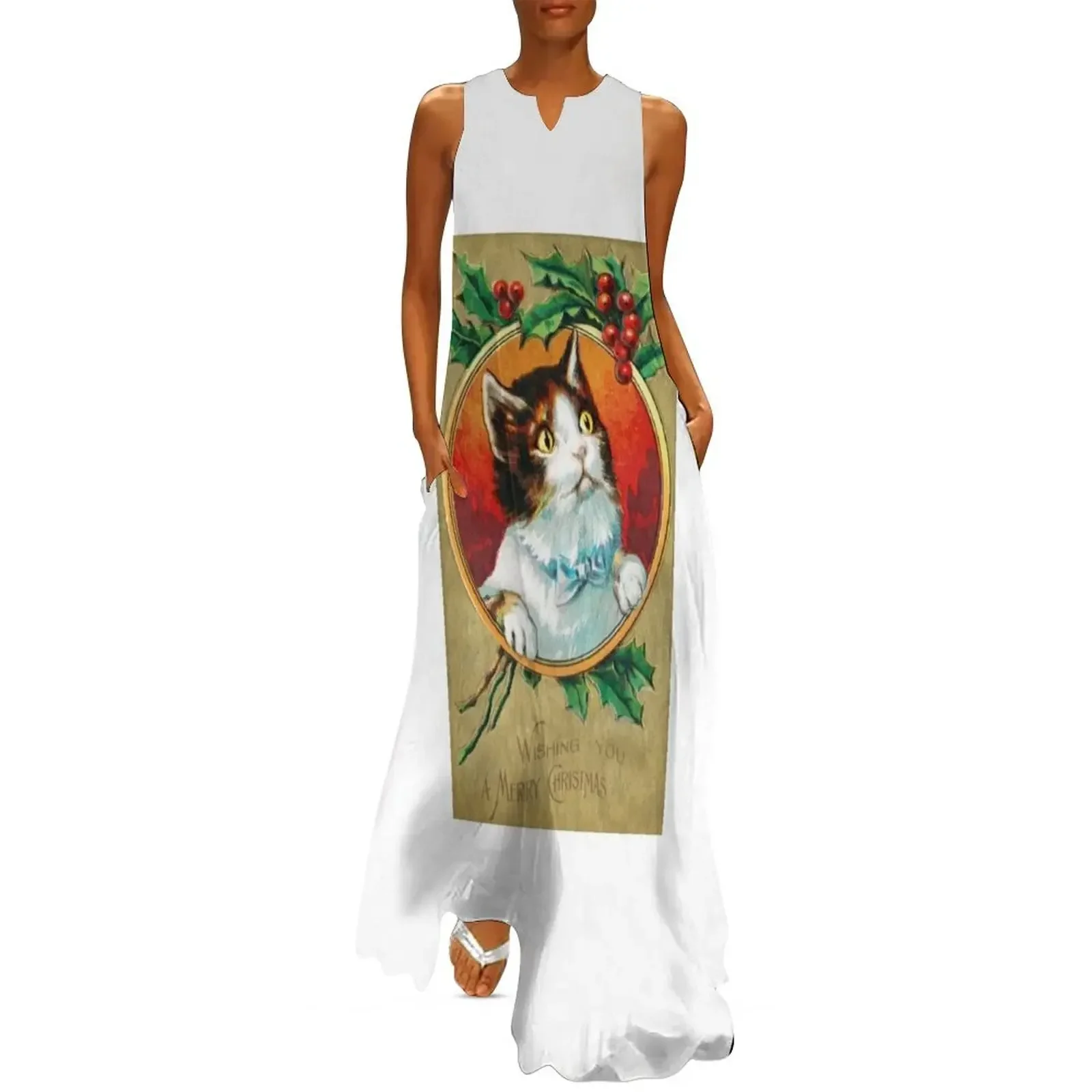 

Vintage Christmas Cat- Wishing you a Merry Christmas funny Long Dress Casual dresses beach dresses Dress