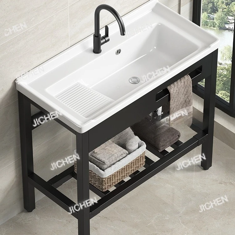 

Balcony stainless steel bracket ceramic laundry basin with washboard deepened laundry pool basin integrated floor laundry sink