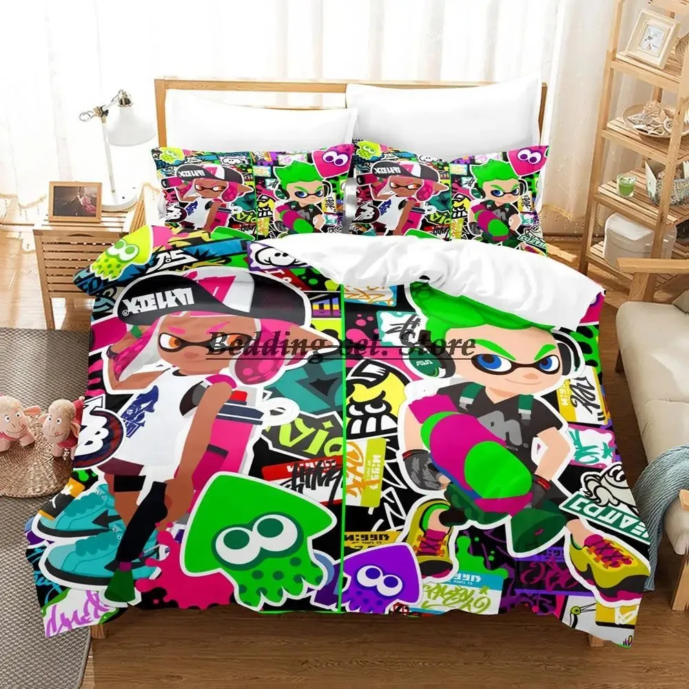 Splatoon 3 Inkling Squid Bedding Set Single Twin Full Queen King Size Bed Set Aldult Kid Bedroom Duvetcover Sets Bed Sheet Set