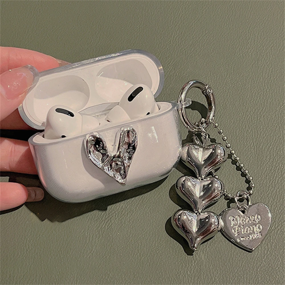 Bonita funda de plata 3D con corazón de amor para auriculares, carcasa protectora con colgante de cuentas para AirPods 1, 2 y 3, funda suave para