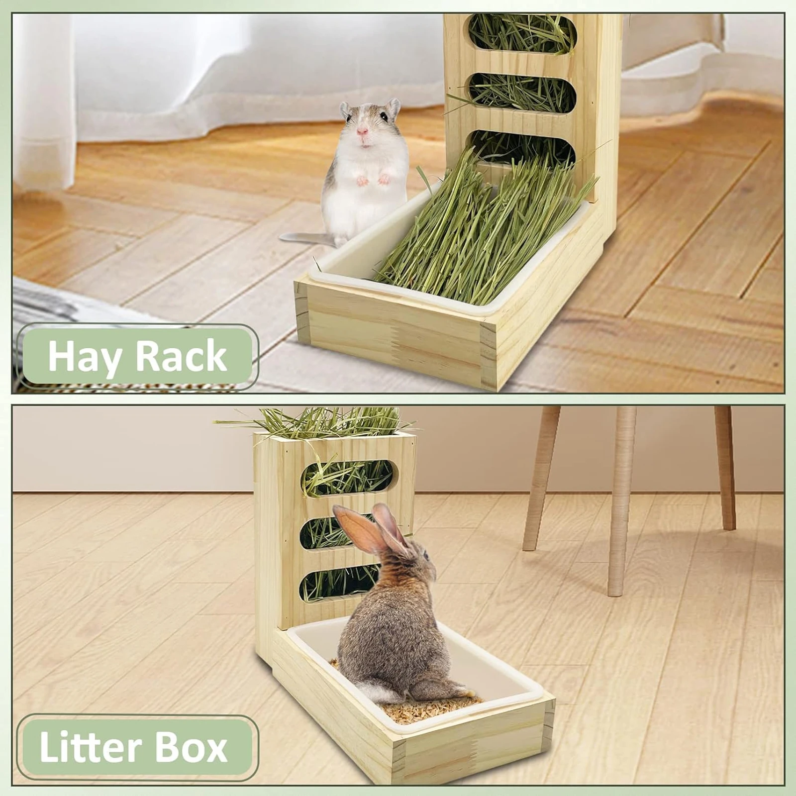 Wooden Rabbit Hay Feeder with Litter Box Bunny Hay Manger Feeder Cage Accessories for Small Animals Feeding Supplies