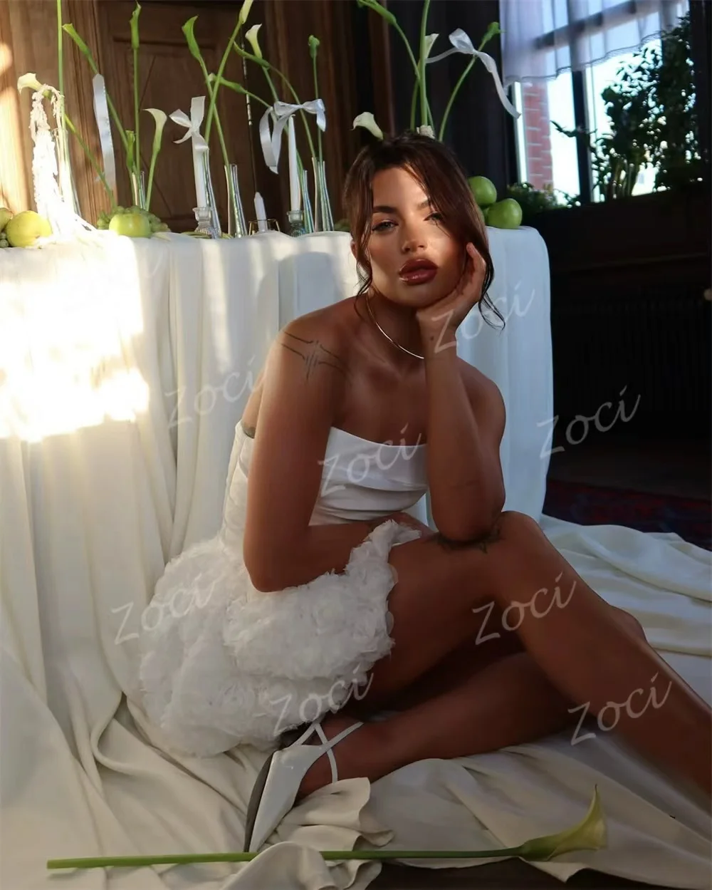 Zoci Luxury 3D Flowers Lace Short Wedding Dresses Customized Strapless Pleats Satin Bridesmaid Mini Formal Party Gowns