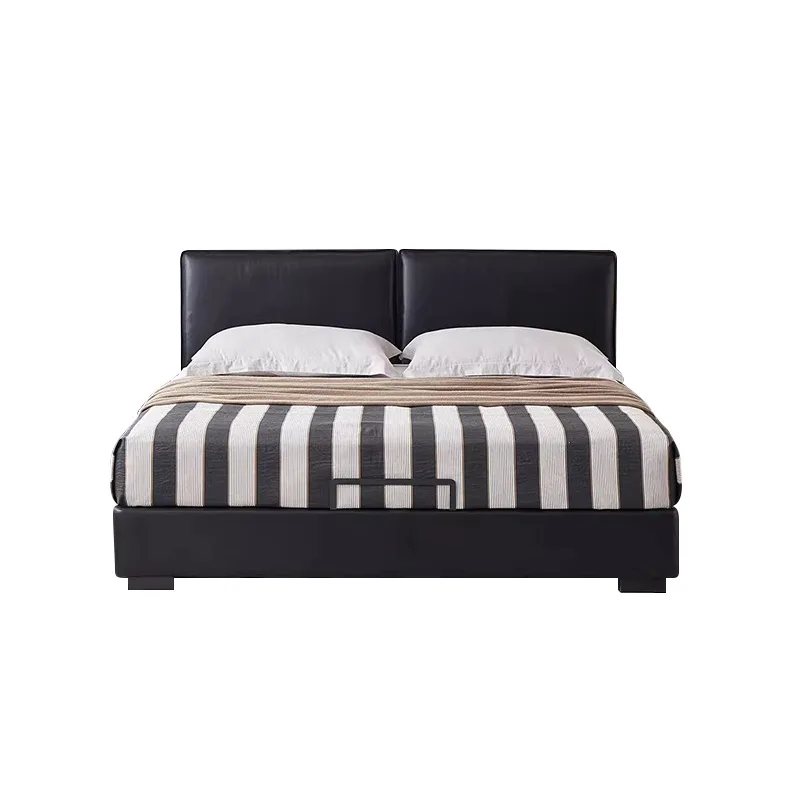 

Modern minimalist tofu cubes, black leather bed, electric translating multi-functional storage bed