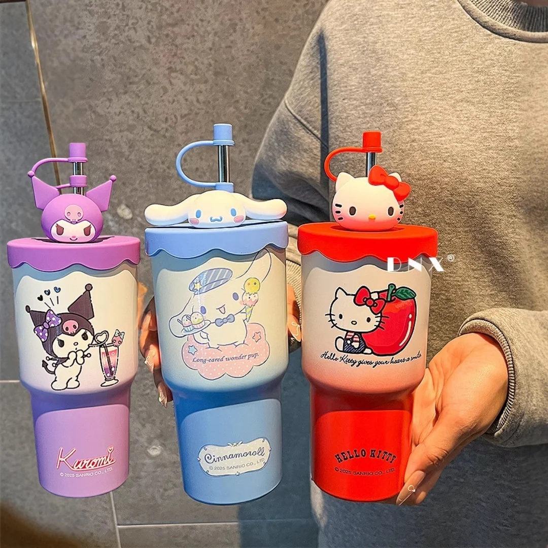 

New Sanrio Character Peripherals Large Capacity Stainless Steel Thermos Cup Kawaii Kitty Straw Outdoor Portable Water Cup Gift