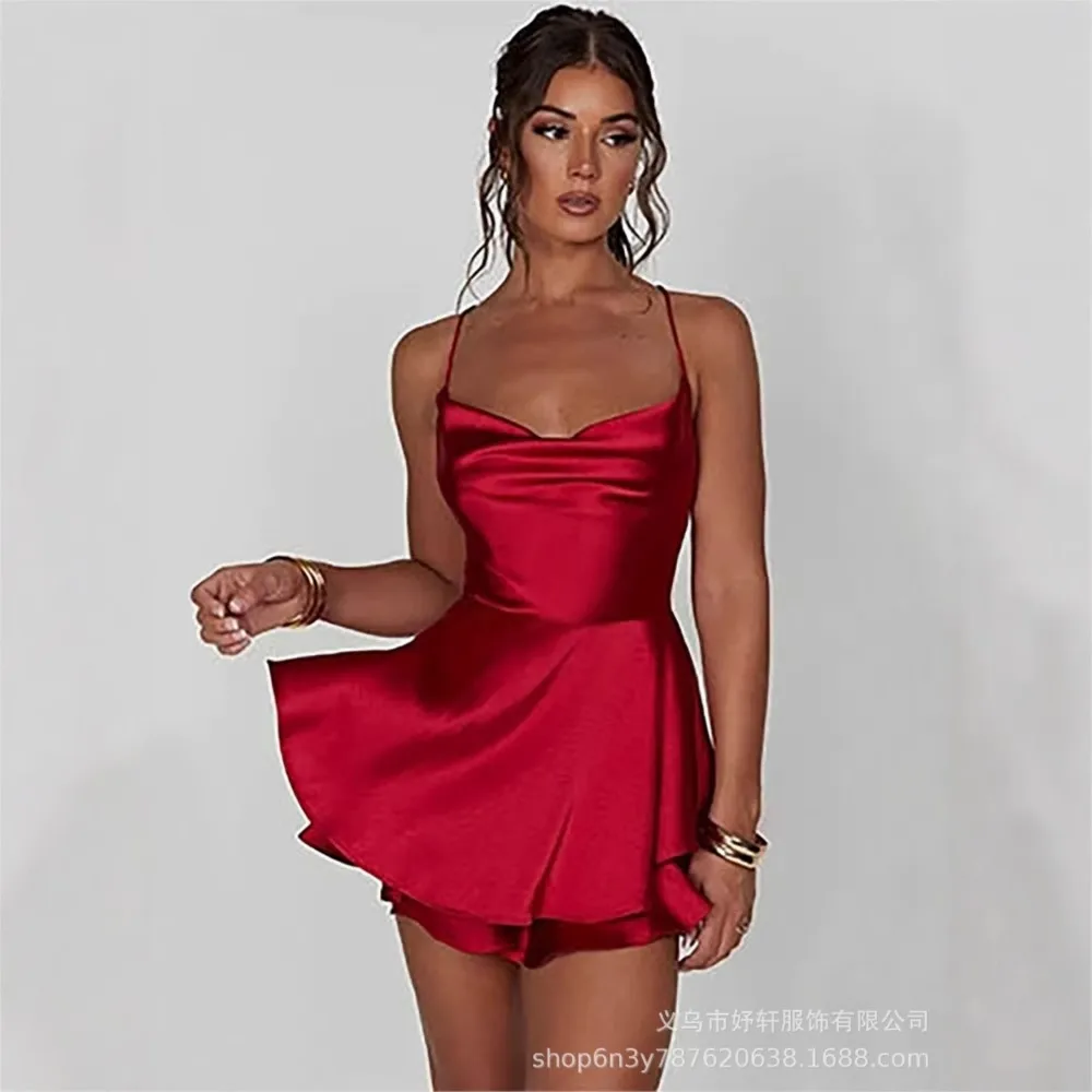 Satin Pleated Suspender Dress Summer Women's New Sexy Backless Drawstring Tube Top Solid Color Sleeveless Frock Ropa Mujer