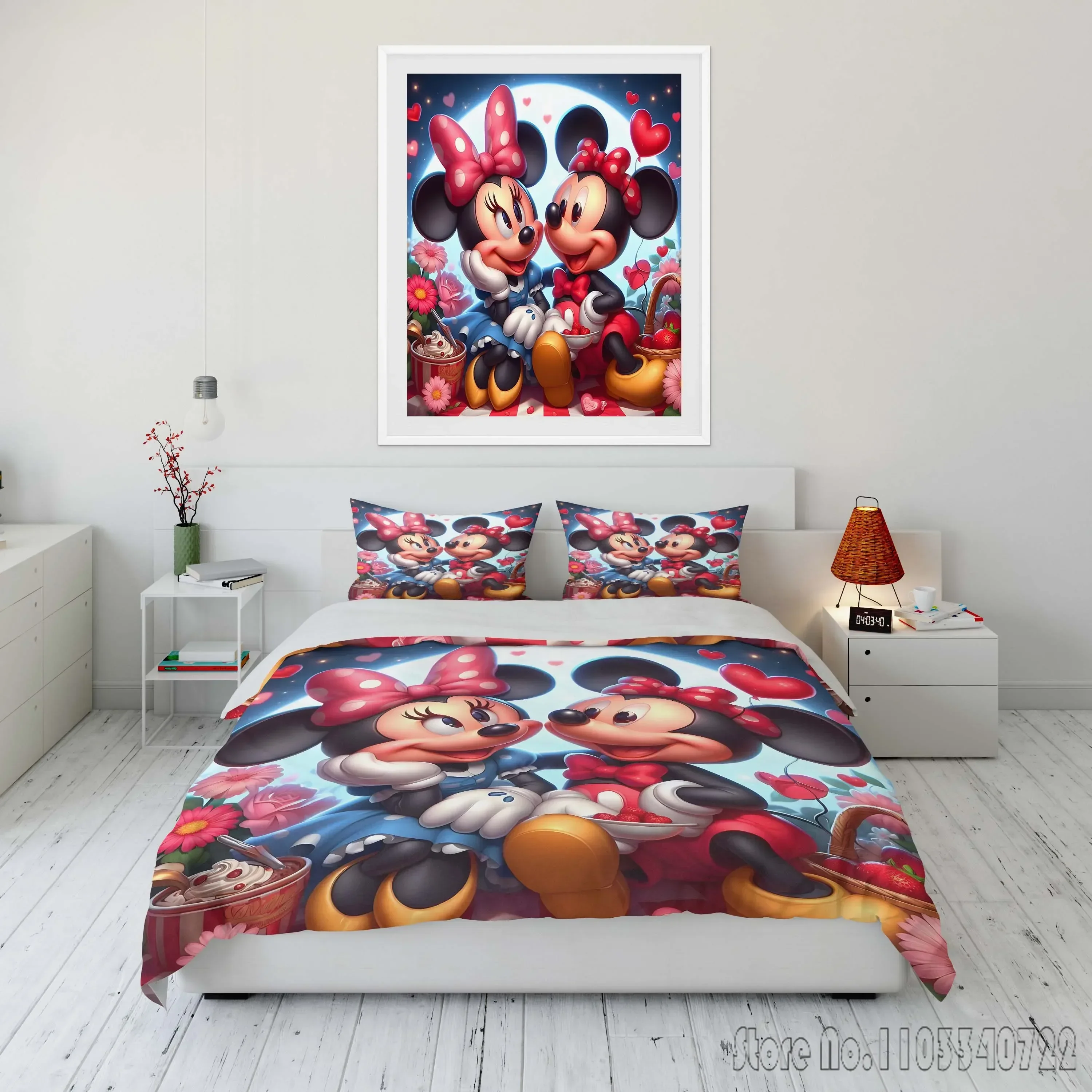 

Mickey and Minnie Mouse Love Printed Bedding Set Duvet Cover Anime Quilt Adult Kids Birthday Gift Full Size Bedding Set Luxury