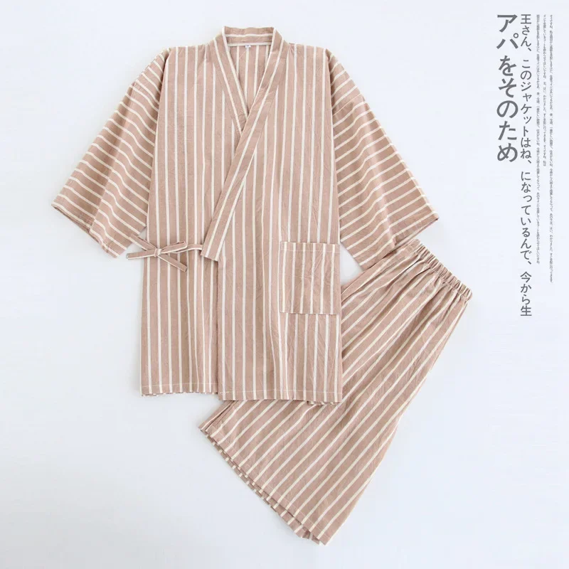 New 100% Cotton Thin Striped Pajamas for Men and Women Kimono Short-sleeved Shorts Pijamas Couple Summer V-Neck Home Clothes