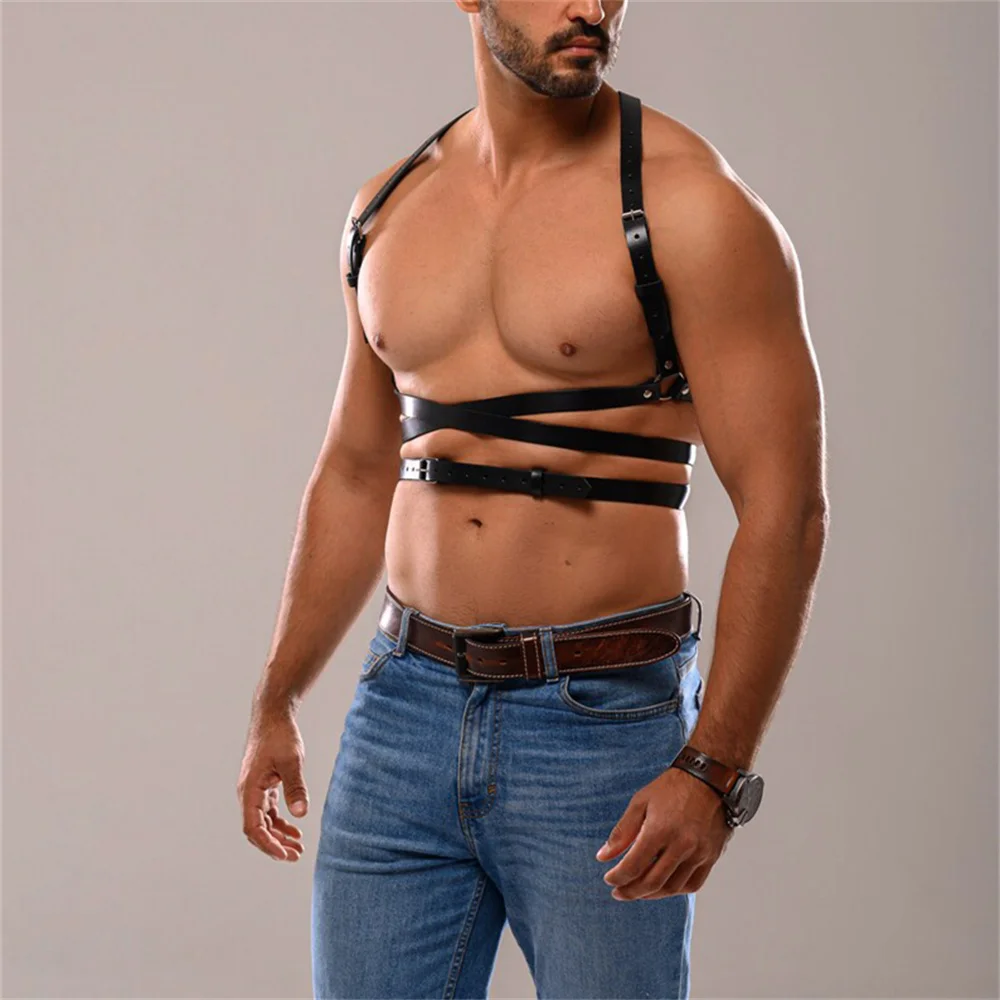 Fetish Gay Tops Leather TWO Shoulder Harness Men Adjustable Punk Rave Gay Body Bondage Clothing Chest Harness Belts Strap