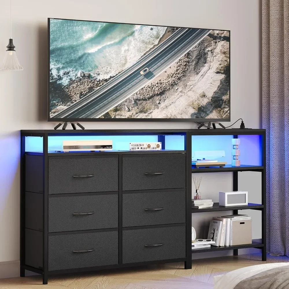 

TV Stand Dresser Bedroom for 60 Inch TV with LED Lights & Charging Station, Changable L Shape Corner TV Stand, 6 PU Drawers
