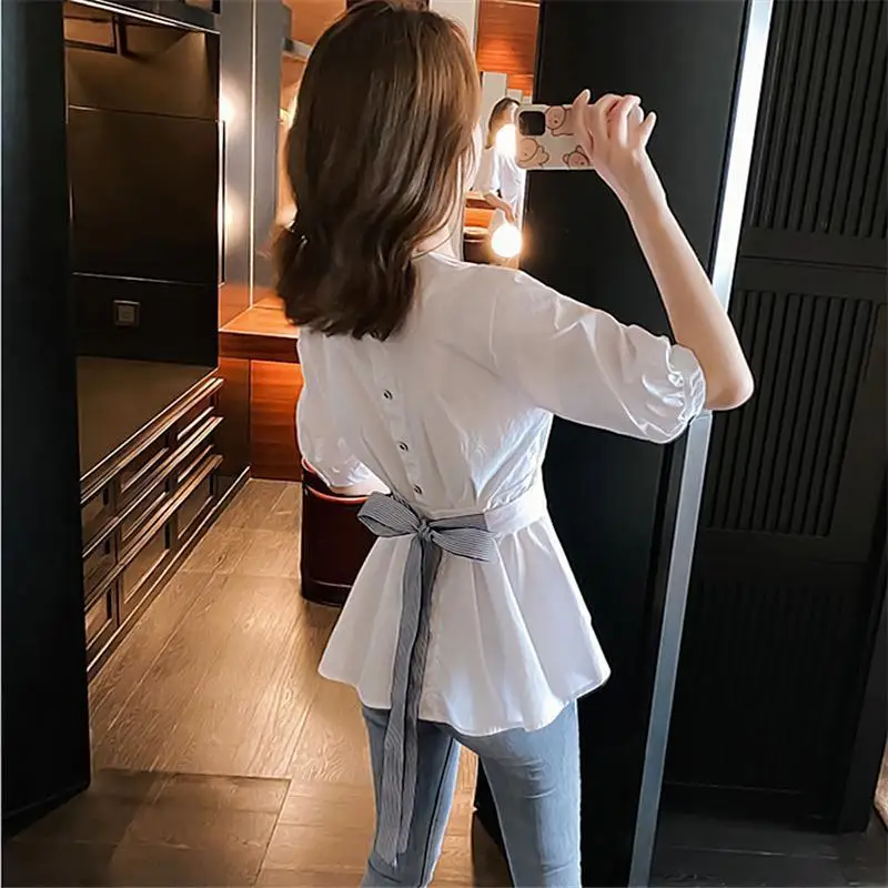 Women's Back Button Big Bow Sashes White Blouse, Korean Sweet Wrap Vneck Peplum, Office Elegant Chic Two Wear Shirts, Summer Top