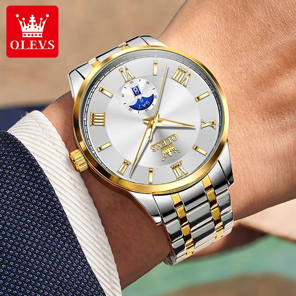 OLEVS Original Men Watch Quartz Watch Stainless Steel Waterproof Luminous Large Dial Date Watches Luxury Men Box Reloj 3638