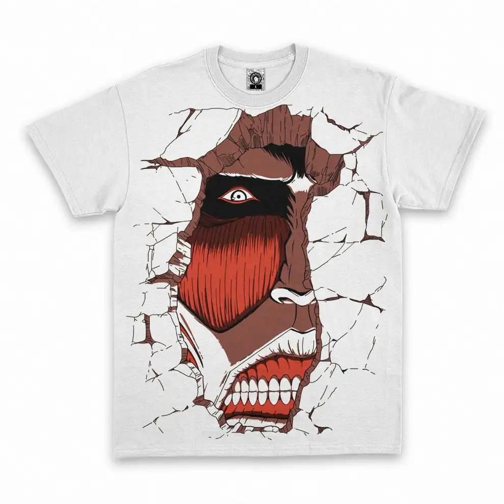 Anime Attack on Titan Giant Break Through Wall Tshirt Full Print White Tee Unisex Manga Horror Style Casual Short Sleeve Tops