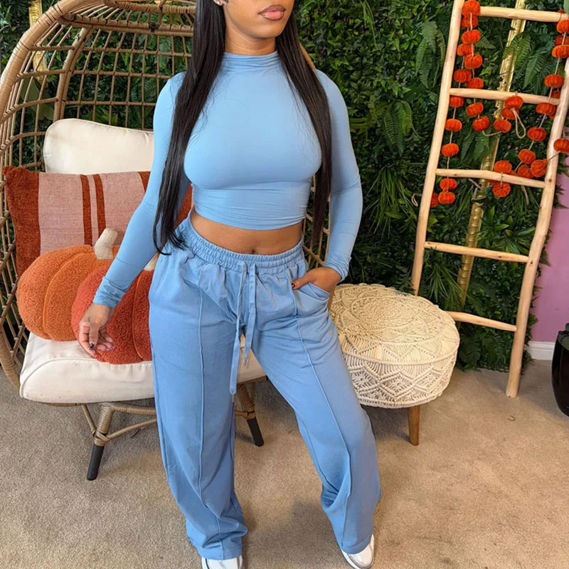 Doyerl Solid Two Piece Set Woman Tracksuit Sports Fitness Skinny Long Sleeve Crop Top and Sweatpants Sweatsuits Jogging Femme