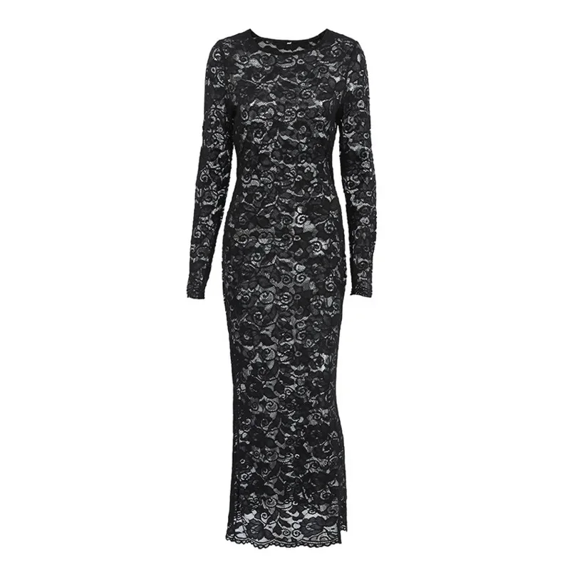 Seksowna Przezroczysta Sukienka z Długim Rękawem Damska Jesienna Modna Koronkowa Sukienka Maxi Elegancka Sukienka na Imprezę Popularna Hurtowa Sprzedaż Transgraniczna