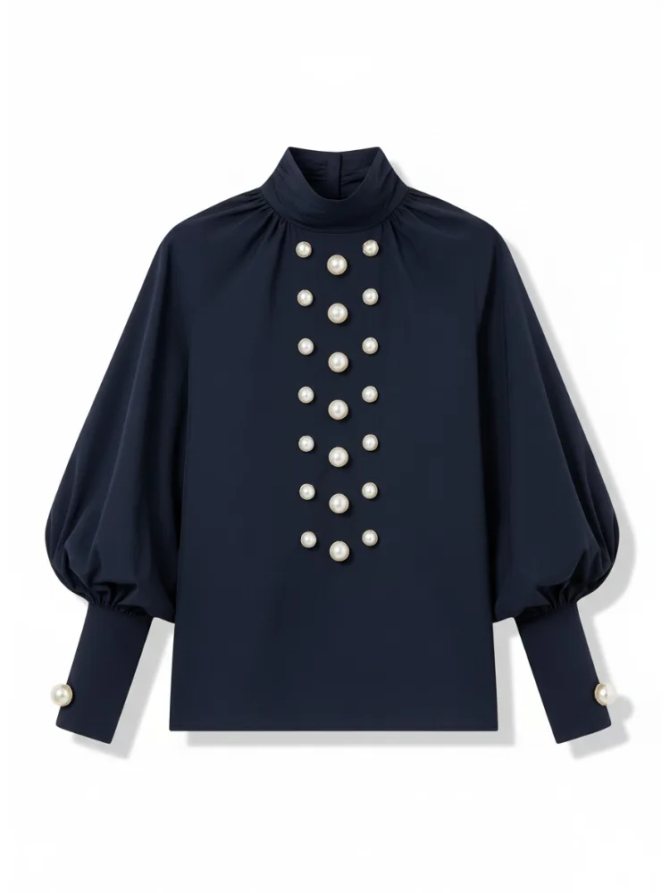 

Bonboho 2025 Stylish Women's Pearl Appliqued Shirt Turtleneck Puff Sleeves Elegant T-shirt Spring and Autumn Commuter Blouse
