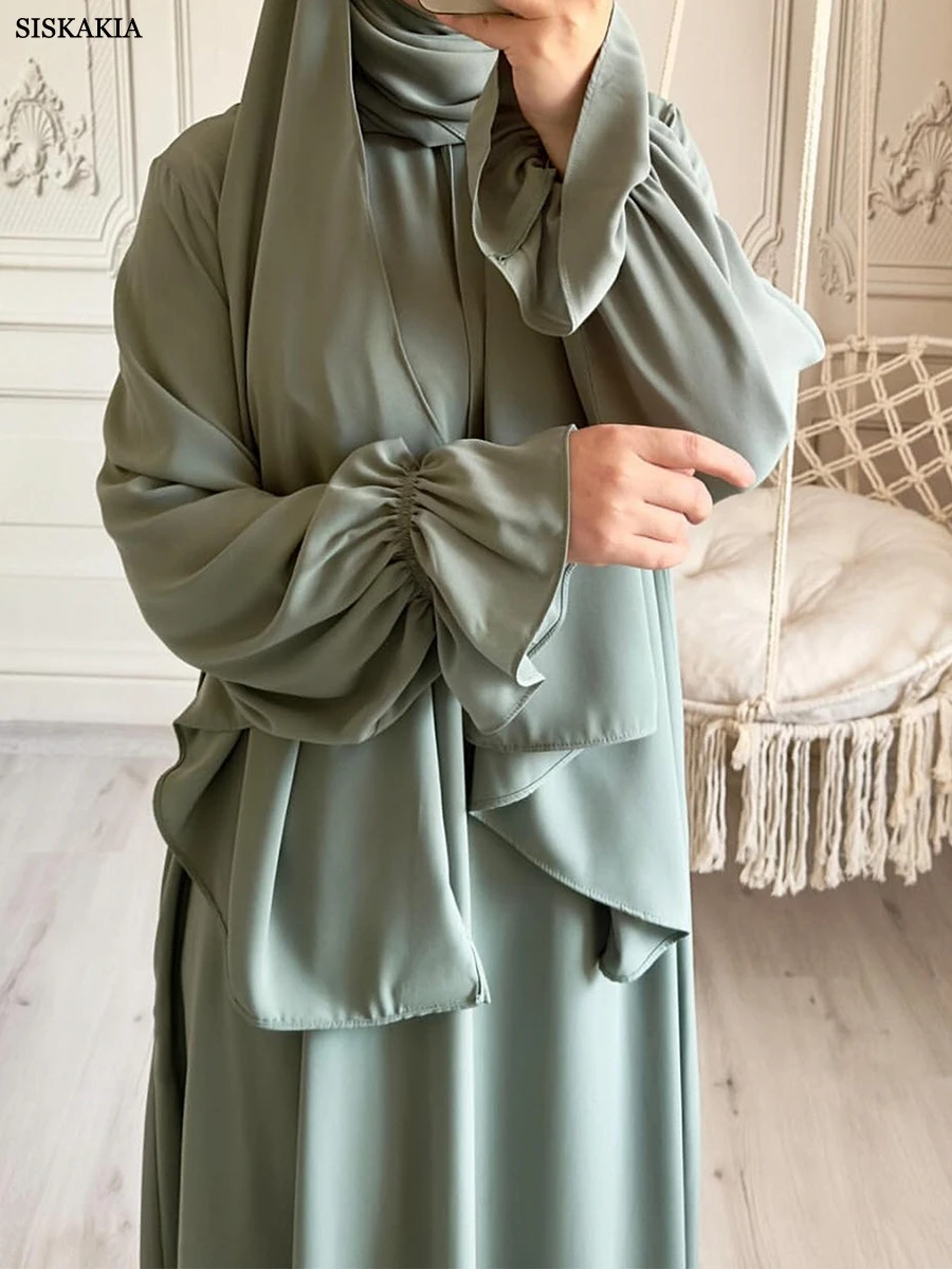 Siskakia Solide Bescheiden Abaya Moslim Vrouw Dubai Jurken Met Hoofddoek Flare Mouw Casual Kleding Islam Dubai Gebedskleed