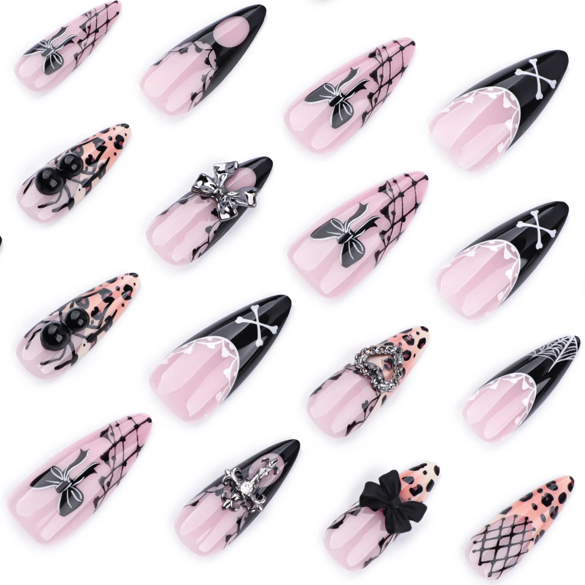 24 Stück Gothic Spice Girls Press on Nails Y2k Black Spider Bow Design Französische Kunstnägel Europäische Leopardenmuster Fake Nail Tips