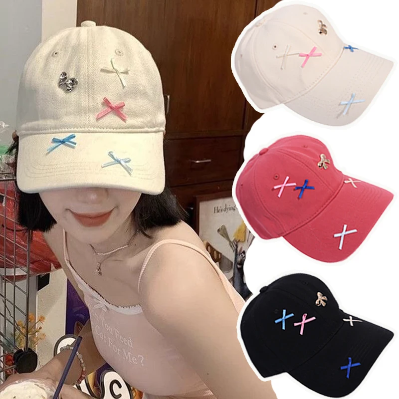 

Y2K Embroidery Pink Bow Women Baseball Cap Retro Washed Cotton Duck Tongue Caps Korean Girl Sweet Outdoor Sun Visors Peaked Hat