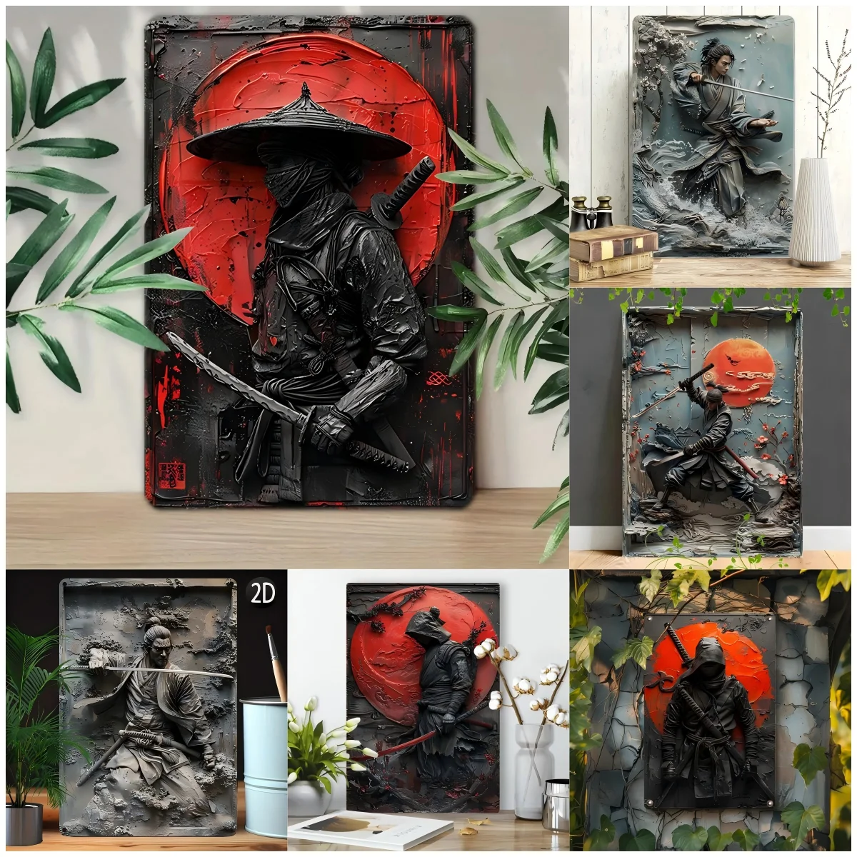 1Pc Vintage Japanese Warrior Ninja Metal Wall Painting Art Plaque Sign 2D Plane Sign for Bar Home, Garden Man Cave Bedroom Decor