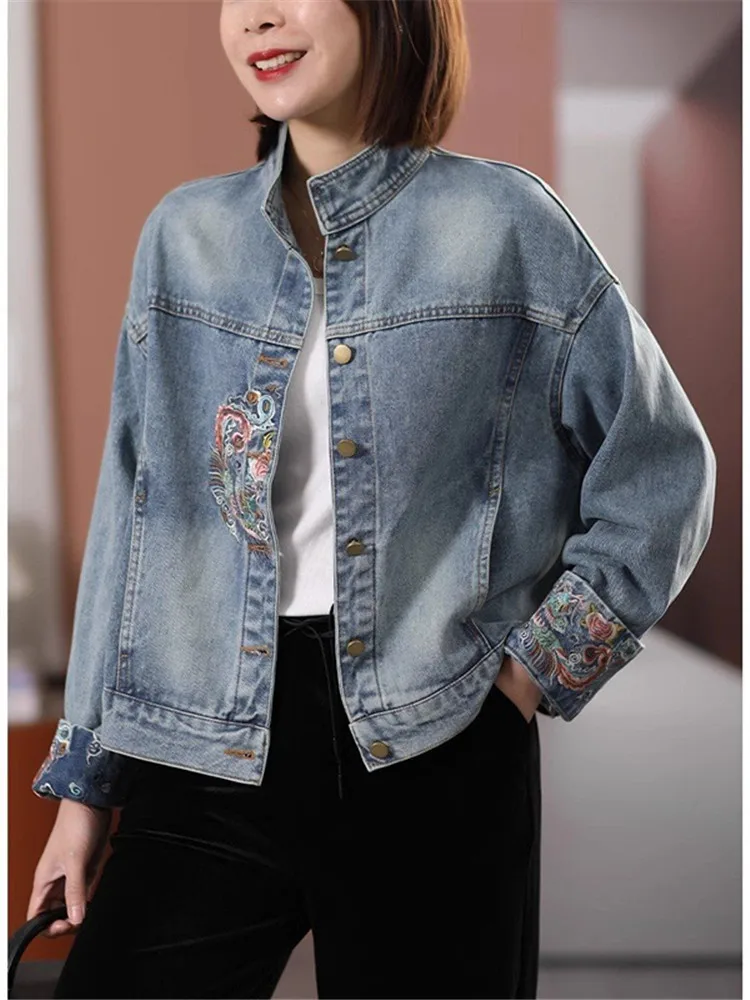 Embroidered Graphic Woman Jean Coat Spring Autumn Blue Denim Jacket With Print Korean Overcoat Female Streetwear Outerwear
