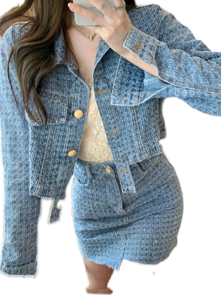 dresses for women 2022  dress skirt suits outifits blue denim jacket set of two fashion pieces for Women's clothing sets