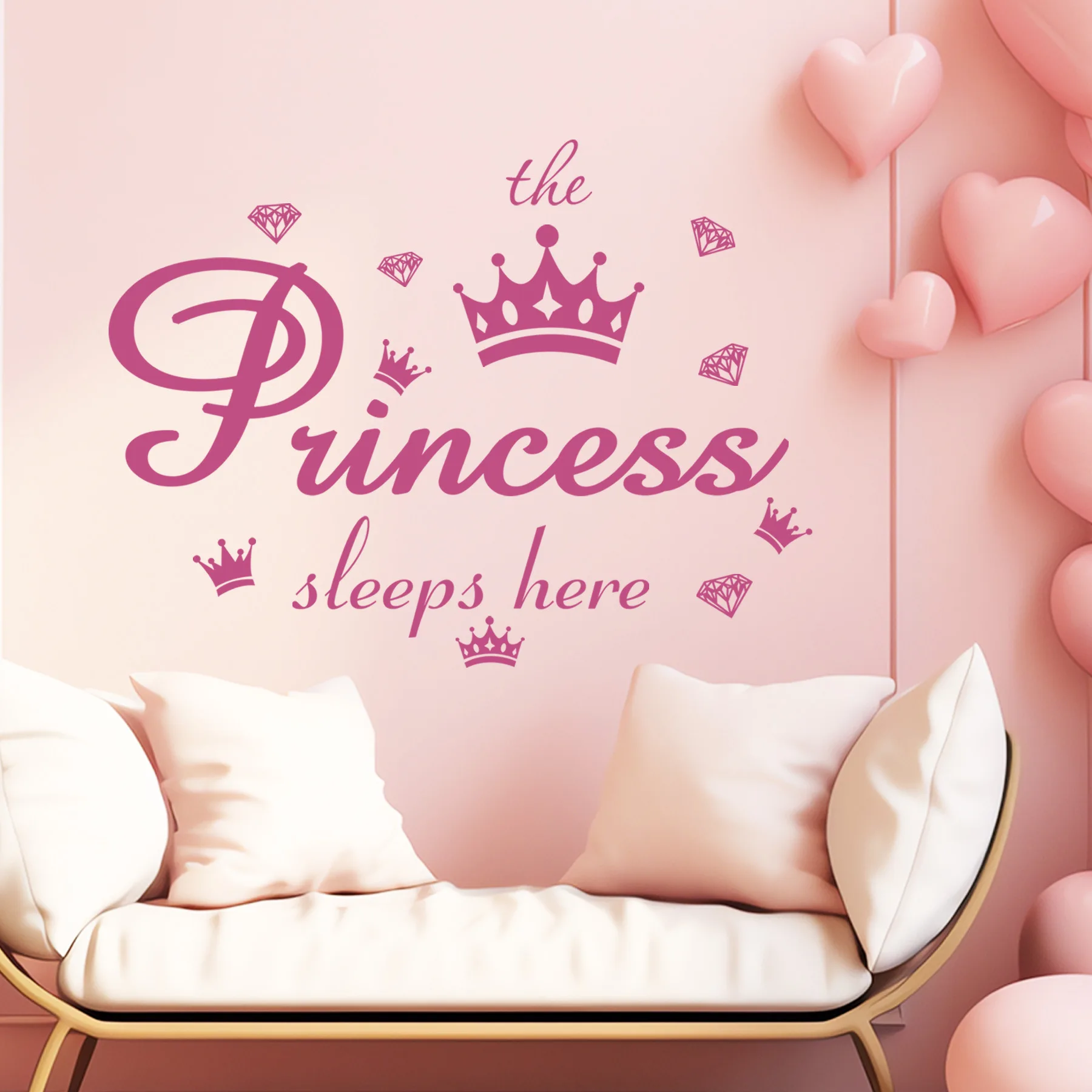 Adesivos de Parede Coroa de Diamante Princesa Dorme Aqui, Adesivos Removíveis DIY de Vinil para Quarto de Meninas e Sala de Estar