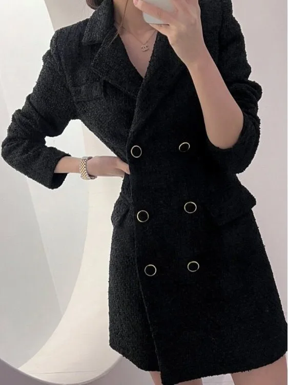 Elegant Double-Breasted Woolen Dress Chic Ladylike Style Autumn Trend High-End Feelings Korean Style Sweater for Women